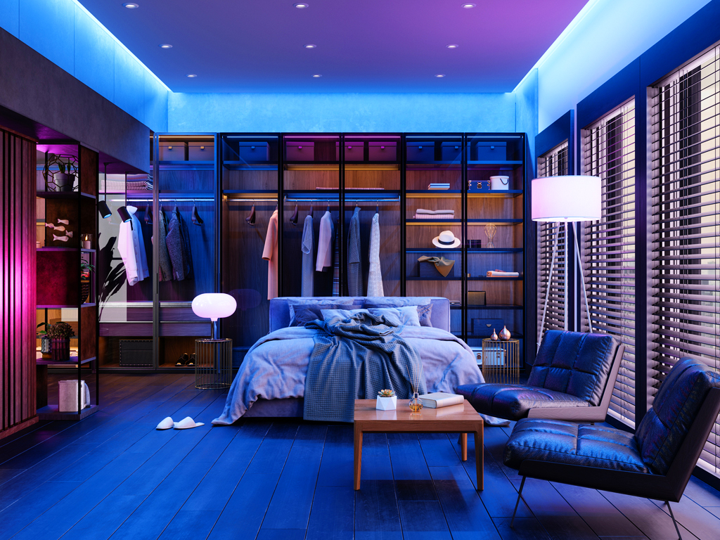 Bedroom with neon lights, often resembling UV lights.