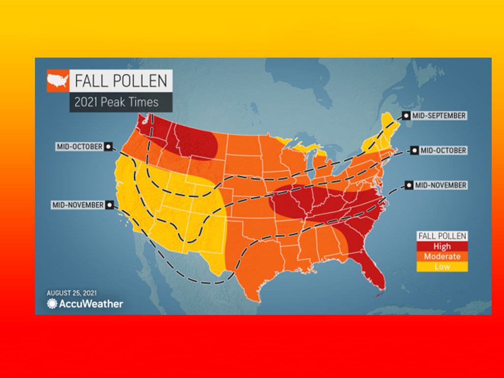 A map of the united states with different colored areas showing 2024 pollen outlook.