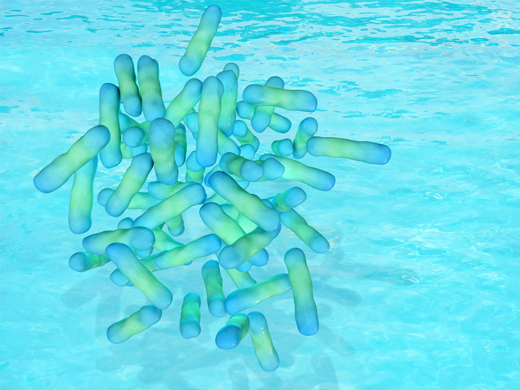 Legionella up close surrounded by water, legionella is a waterborne bacteria and is on the rise with warmer temperatures.