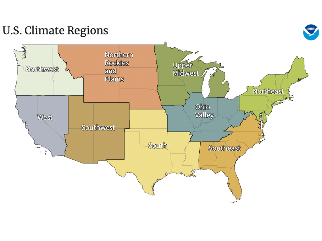 A map of the united states displaying the US climate regions.