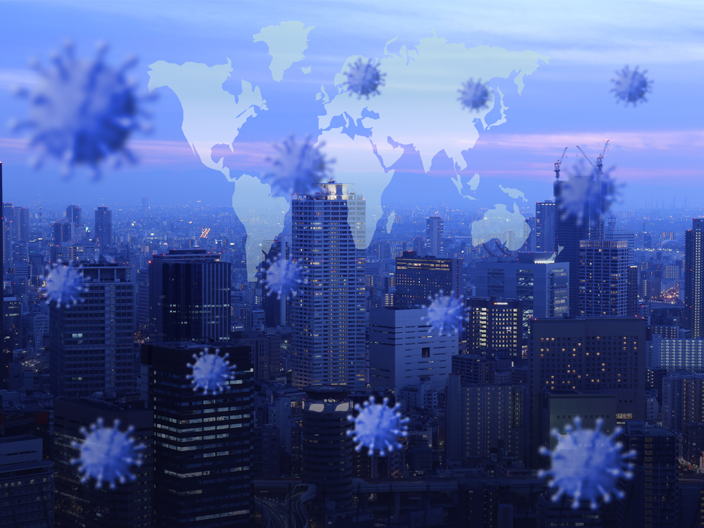 The view of a city with viruses floating around; there will be another pandemic, and everyone should start preparing now.