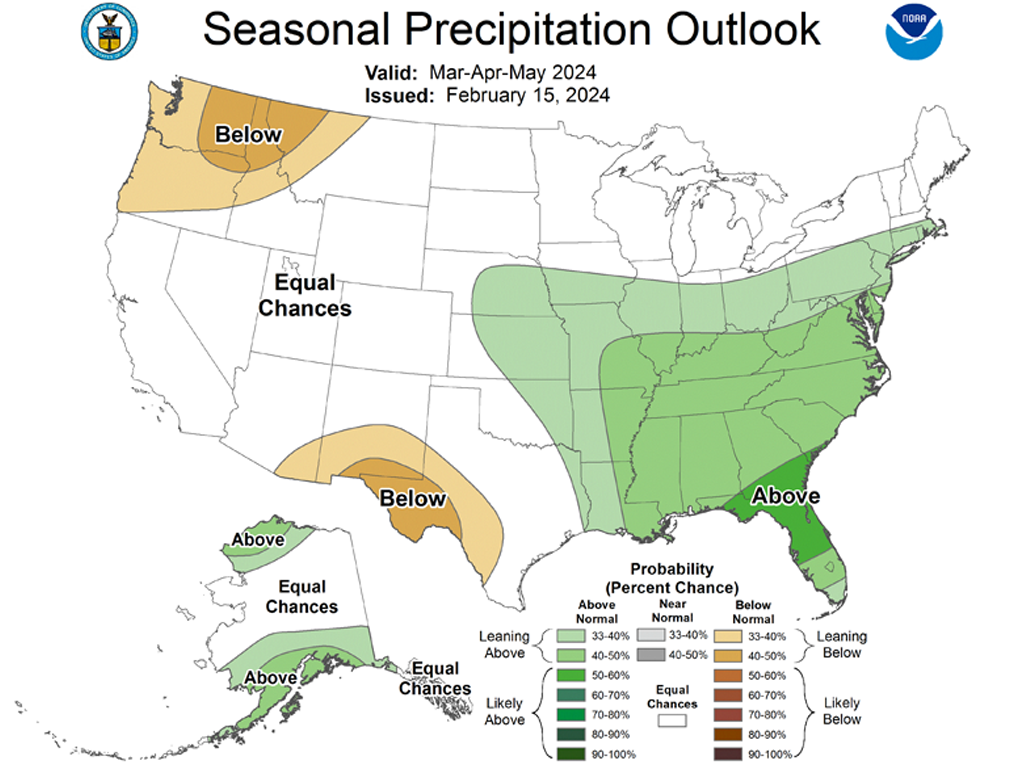 A map of the united states with different colored areas showing 2024 precipitation outlook.