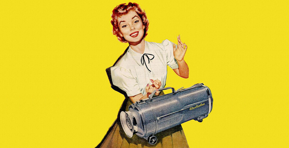 A woman holding a vacuum with one finger, this image came from an old advertisement from Electrolux stating it was the world’s lightest weight heavy duty vacuum cleaner.
