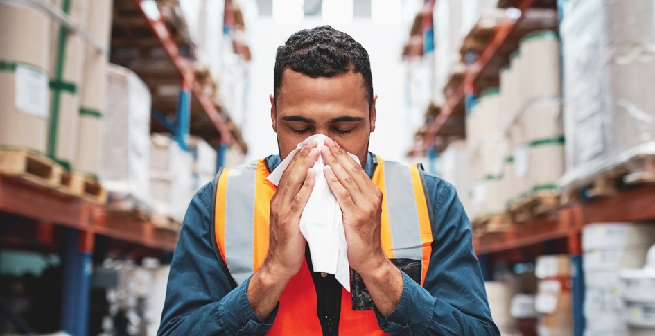 Man in warehouse blowing nose. Flu season is upon us, and employees should be a concern of all business owners.